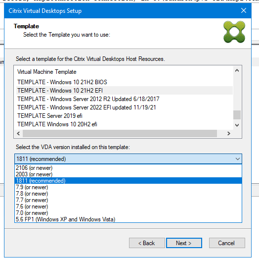 Nivel de VDA predeterminado del asistente Citrix Virtual Apps and Desktops Setup Wizard