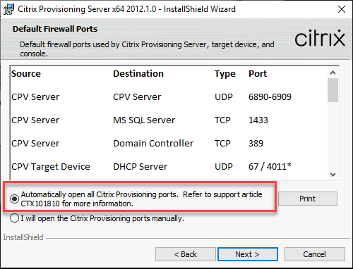 自动打开所有 Citrix Provisioning 端口