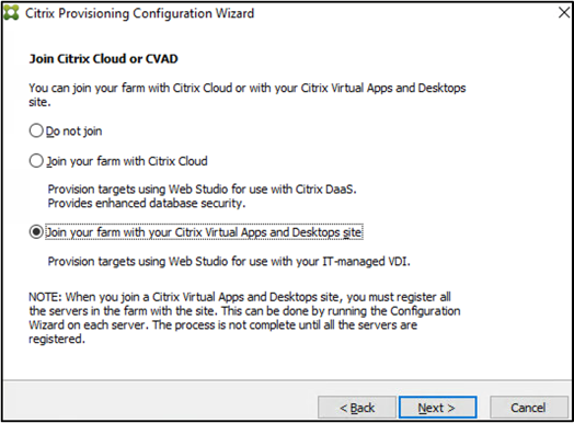 “加入 Citrix Cloud 或 CVAD”页面