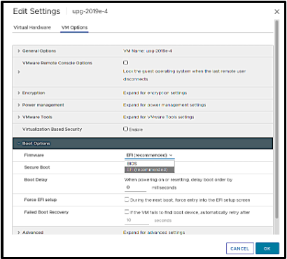 Configurar la opción de arranque como EFI en VMware