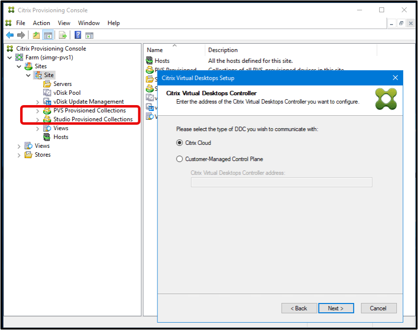 Image des collections dans la console Citrix Provisioning sous le site