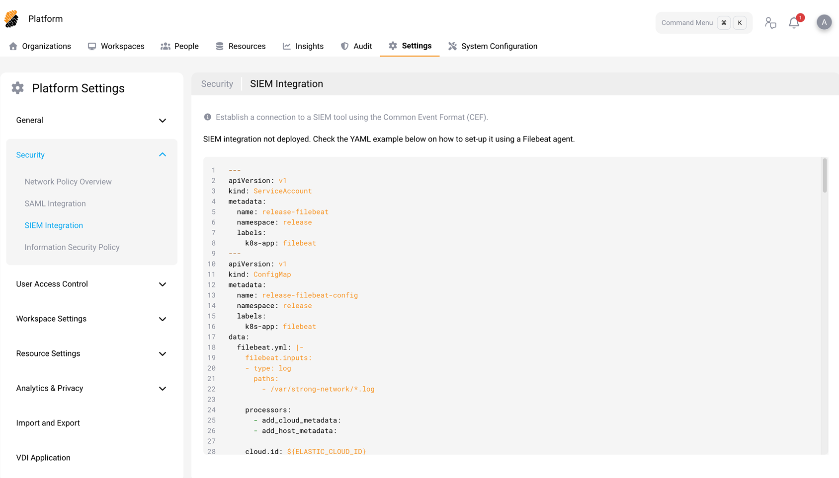 SIEM Integration page