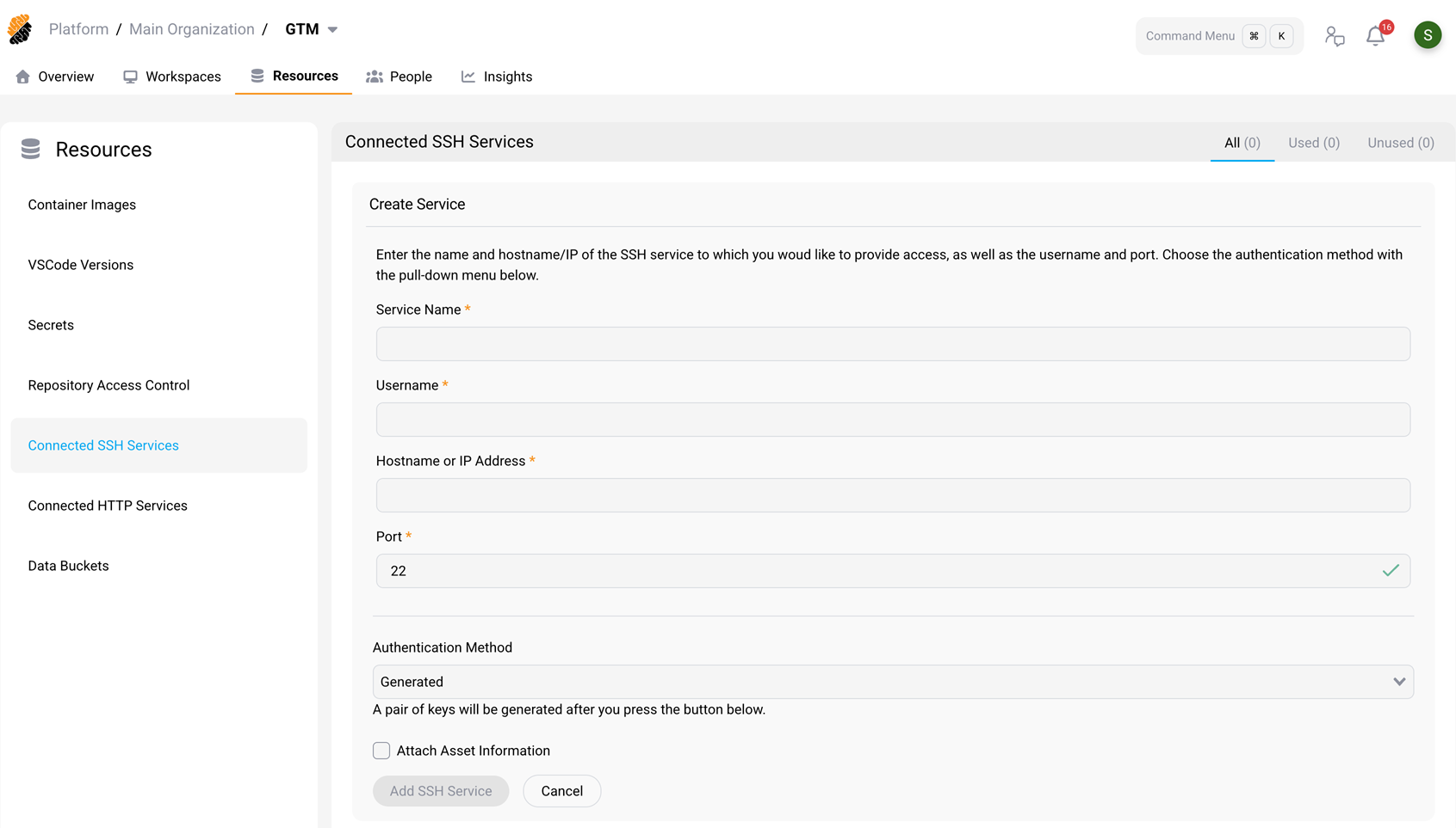 Create SSH Service form