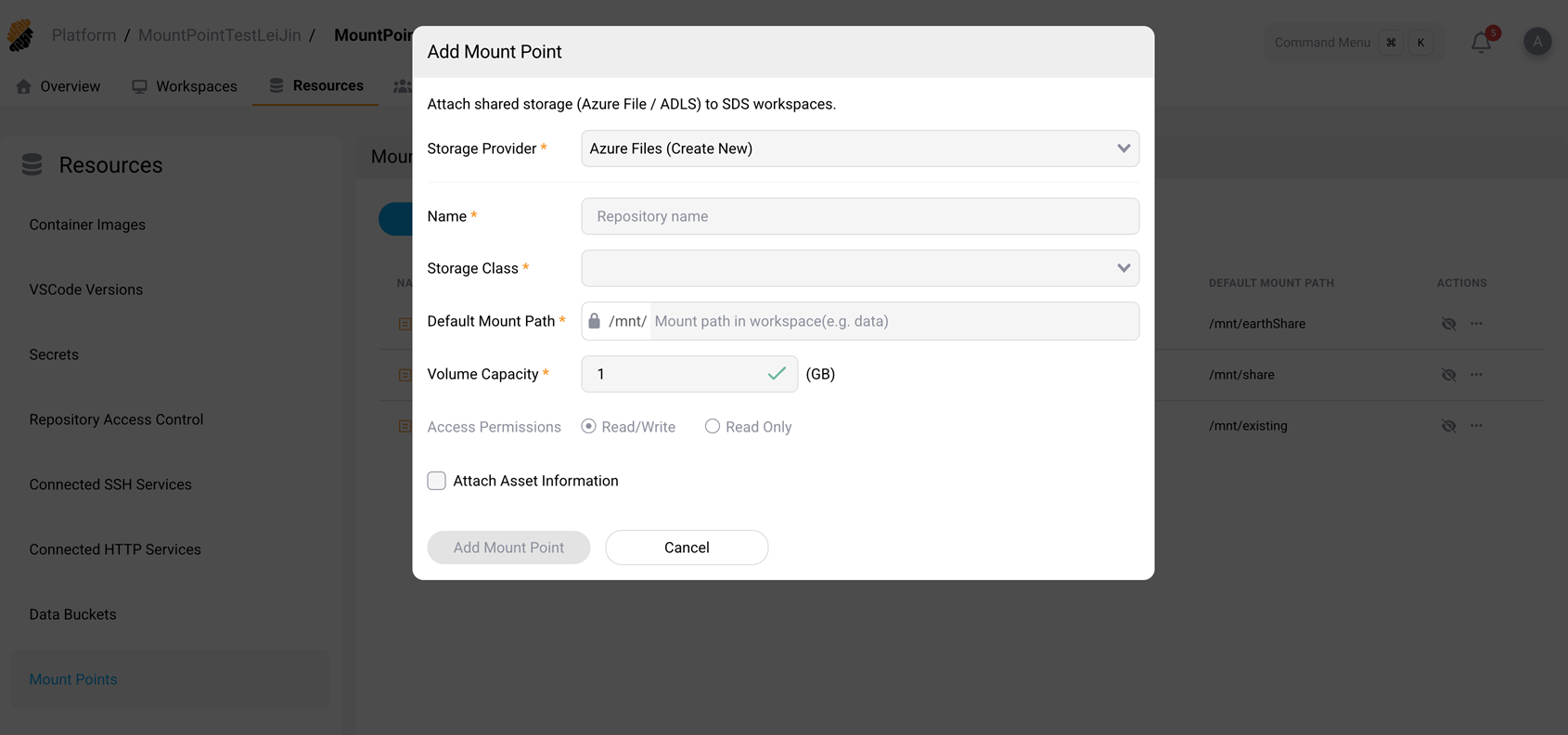 Add Mount Point form for creating a new Azure file share
