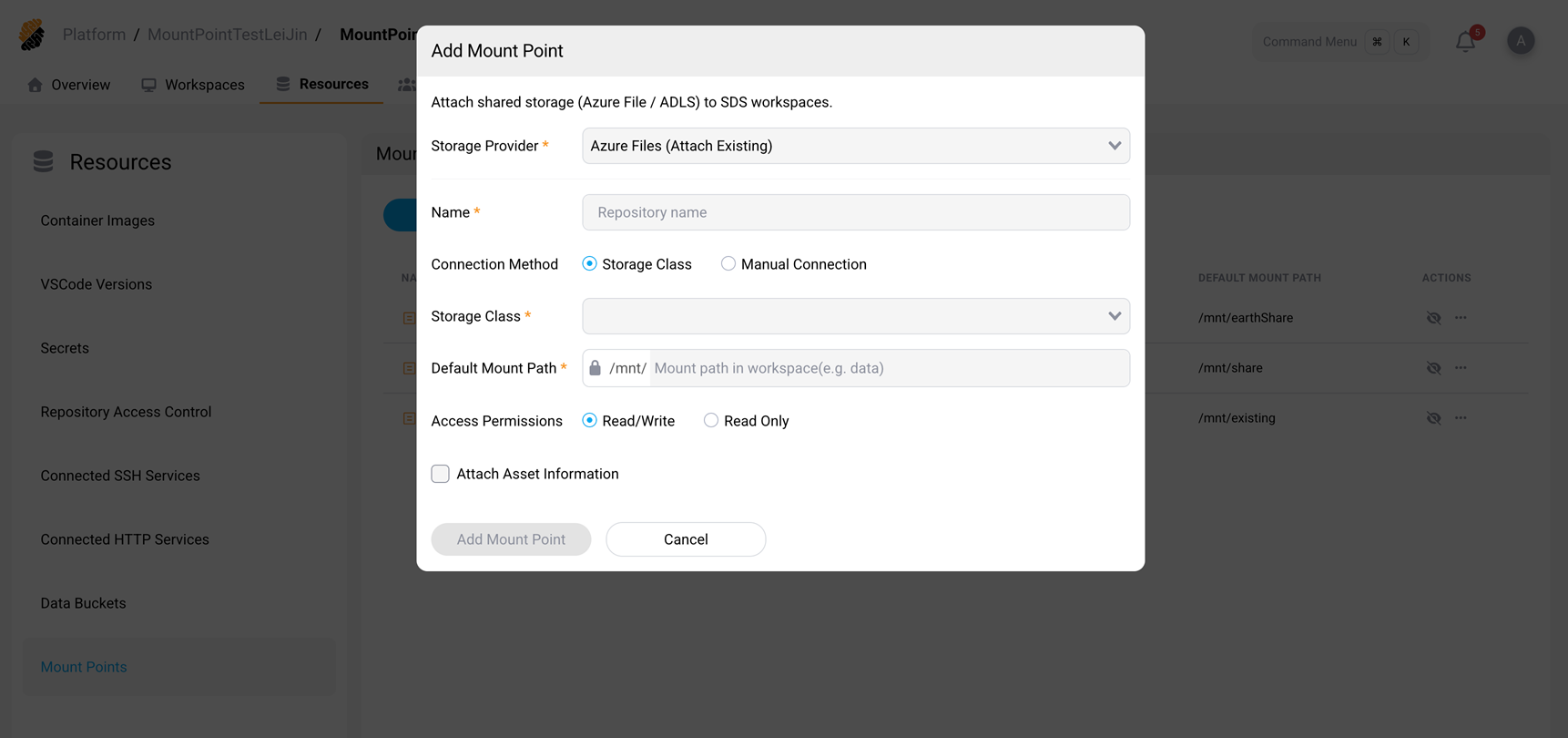 Add Mount Point form for attaching an existing Azure file share with manual connection fields