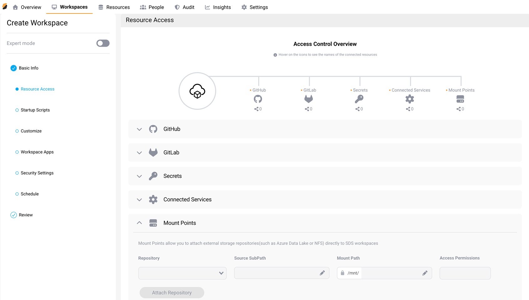 Resource Access step during workspace creation showing the Mount Points section expanded with repository, source sub-path, mount path, and access permissions columns