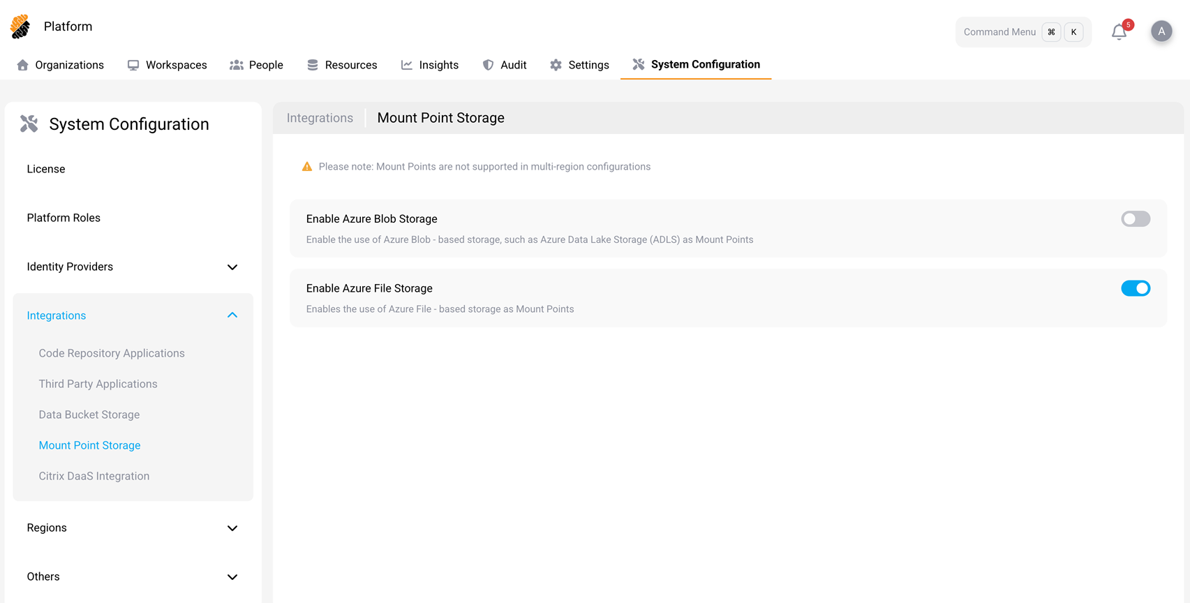 System Configuration page showing the Mount Point Storage section with toggles for Azure Blob Storage and Azure File Storage