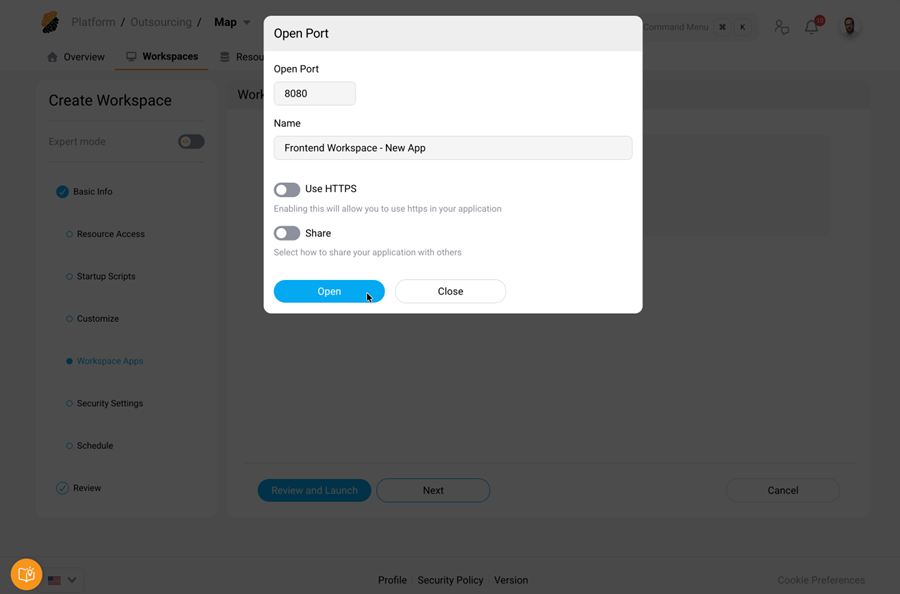 Create workspace app from the workspace wizard