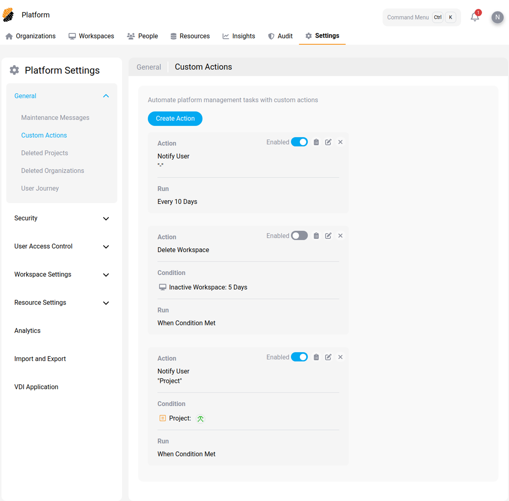 Custom actions settings page