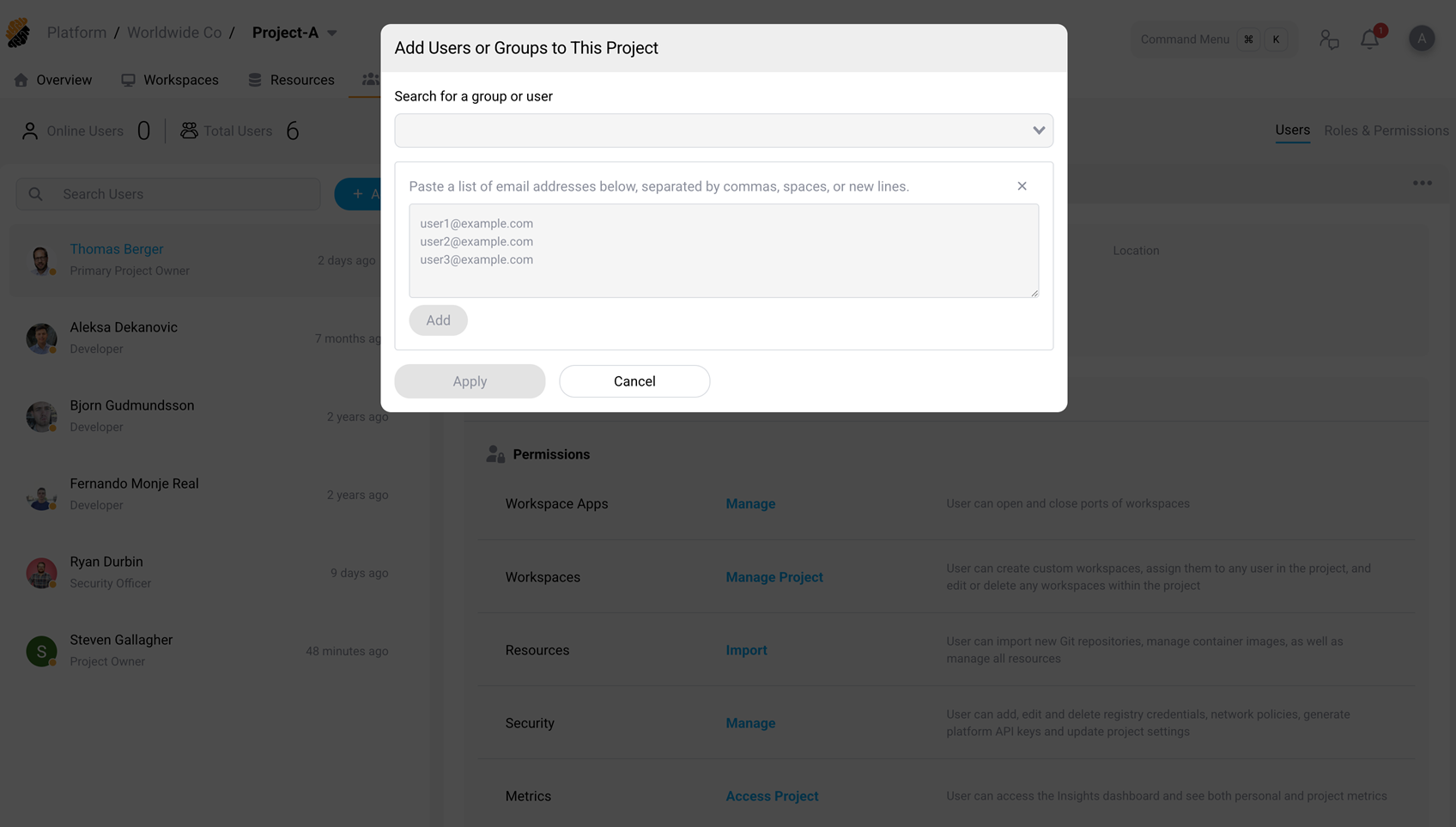 Bulk Add section open, showing the email input area with placeholder examples