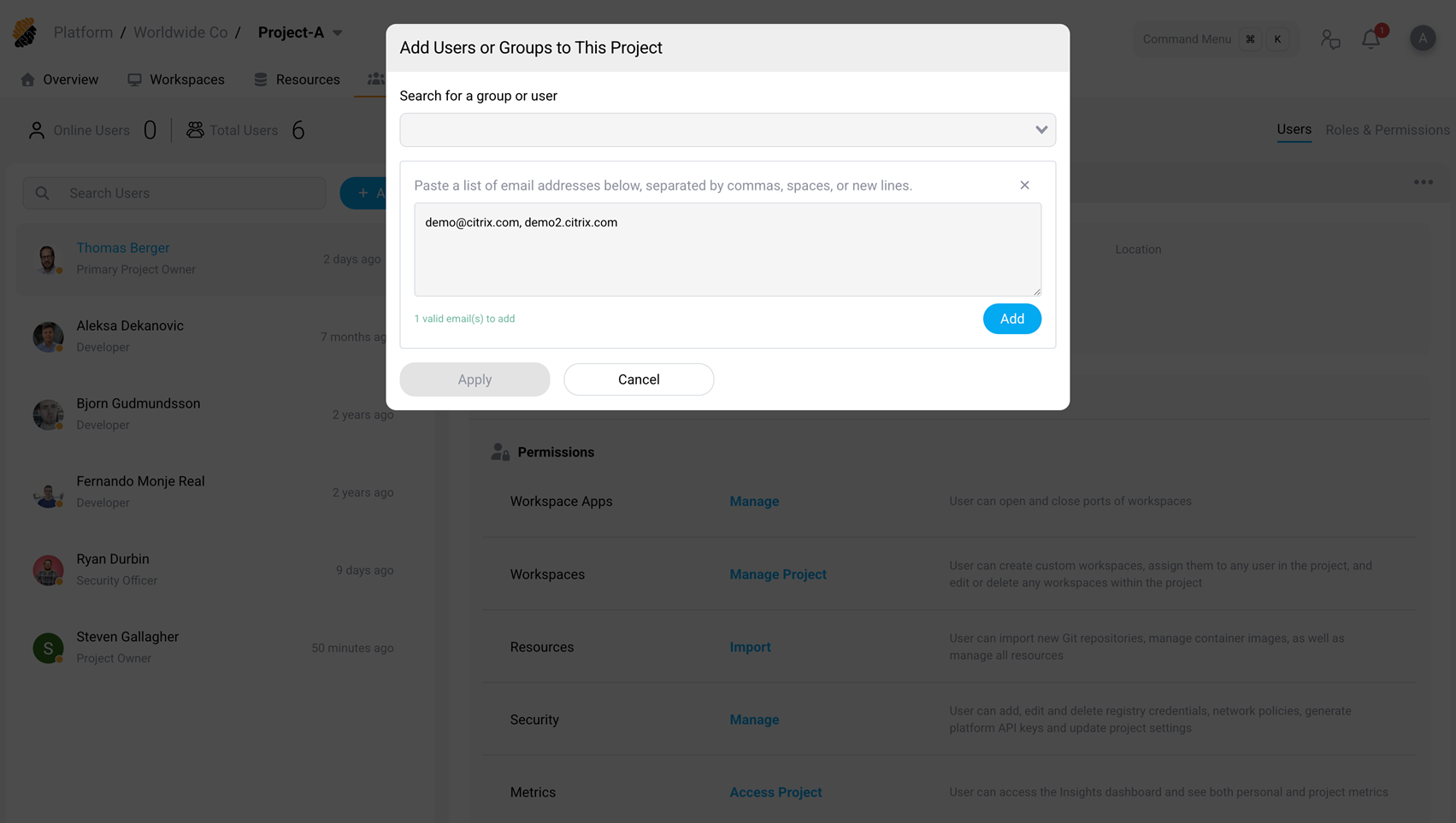 Bulk Add section with two validated email addresses and the Add button active