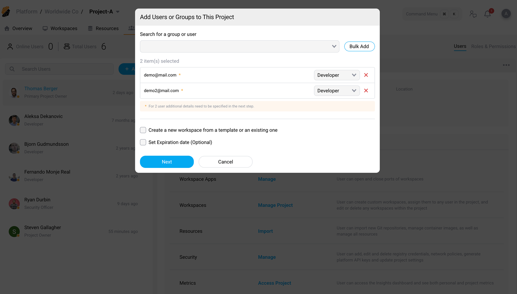 Two external users selected, showing asterisks and the Next button