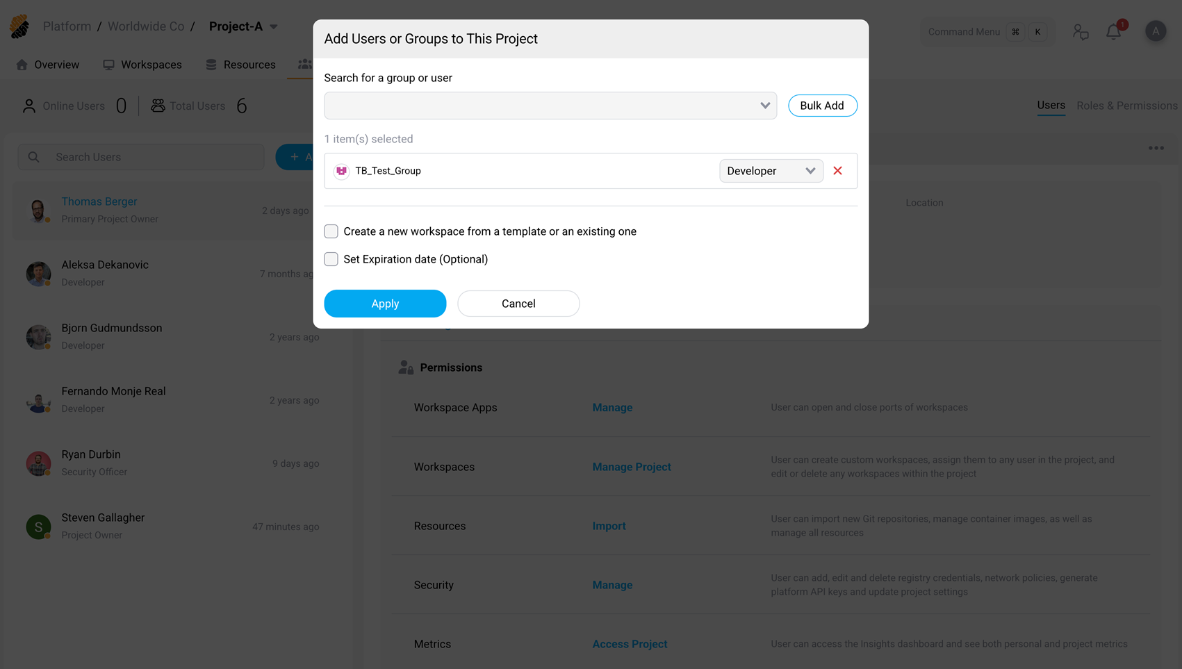 Group selected in the modal with role assignment