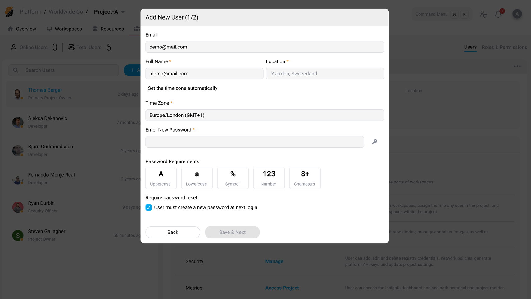 Add New User form for the first external user, showing all required fields