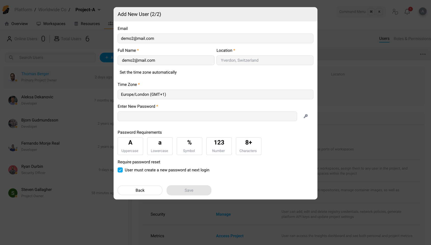 Add New User form for the second external user, showing the Save button