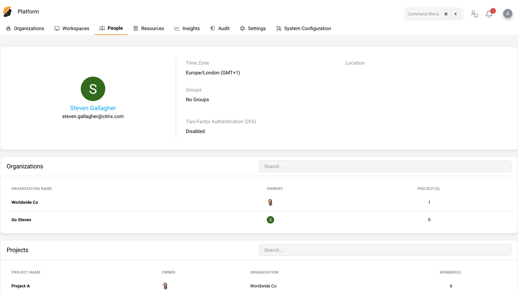 Platform user details page — profile, organizations, and projects