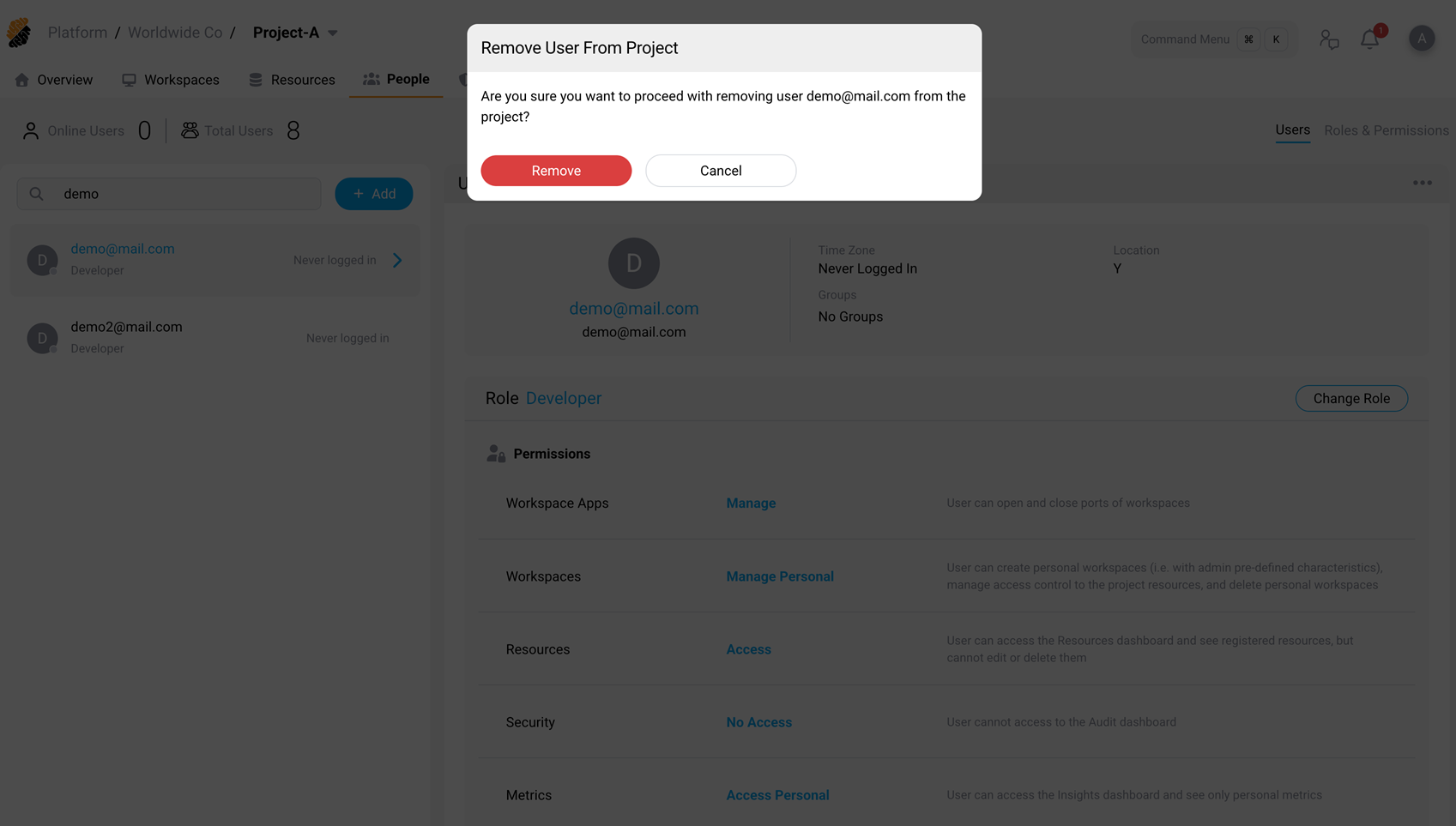 Remove User From Project confirmation dialog