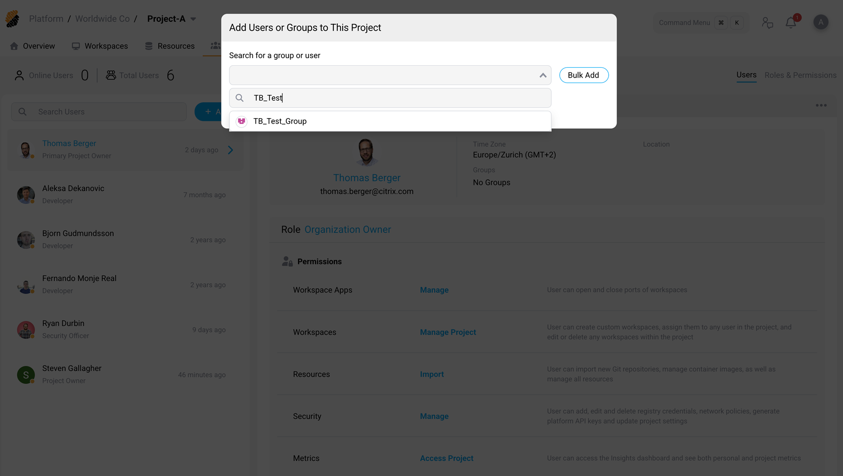 Search results showing a matching group