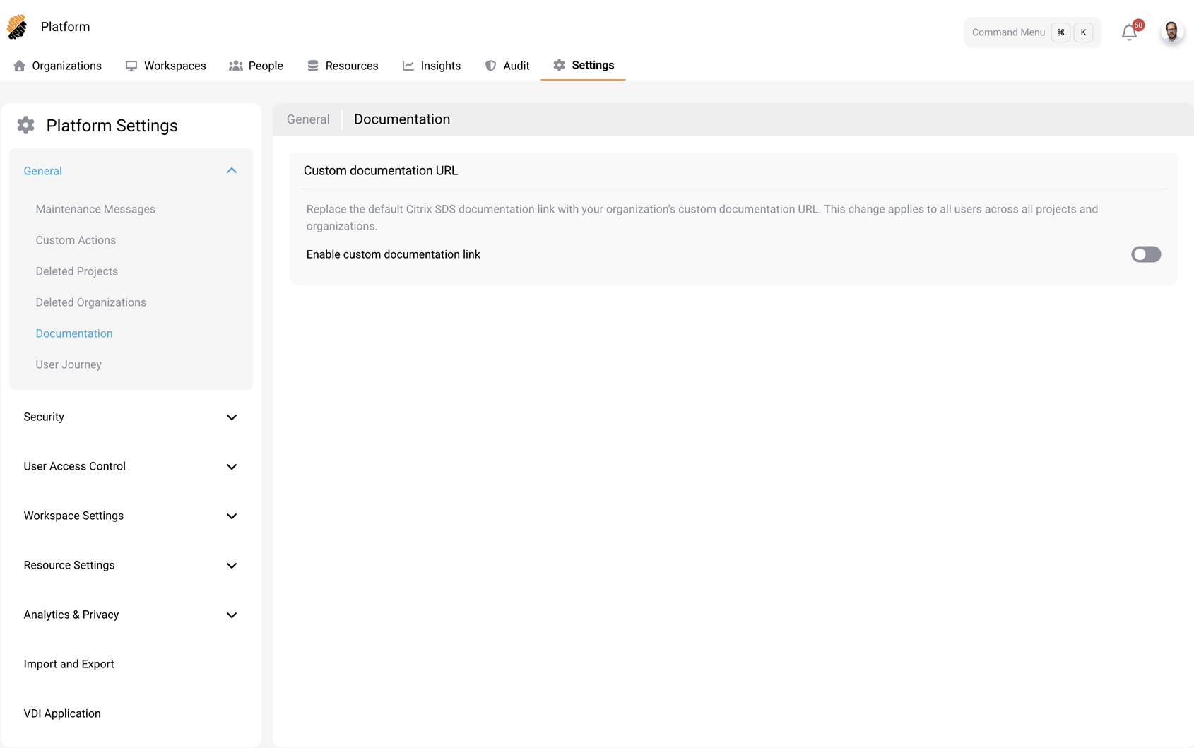 Documentation settings with the custom documentation link disabled