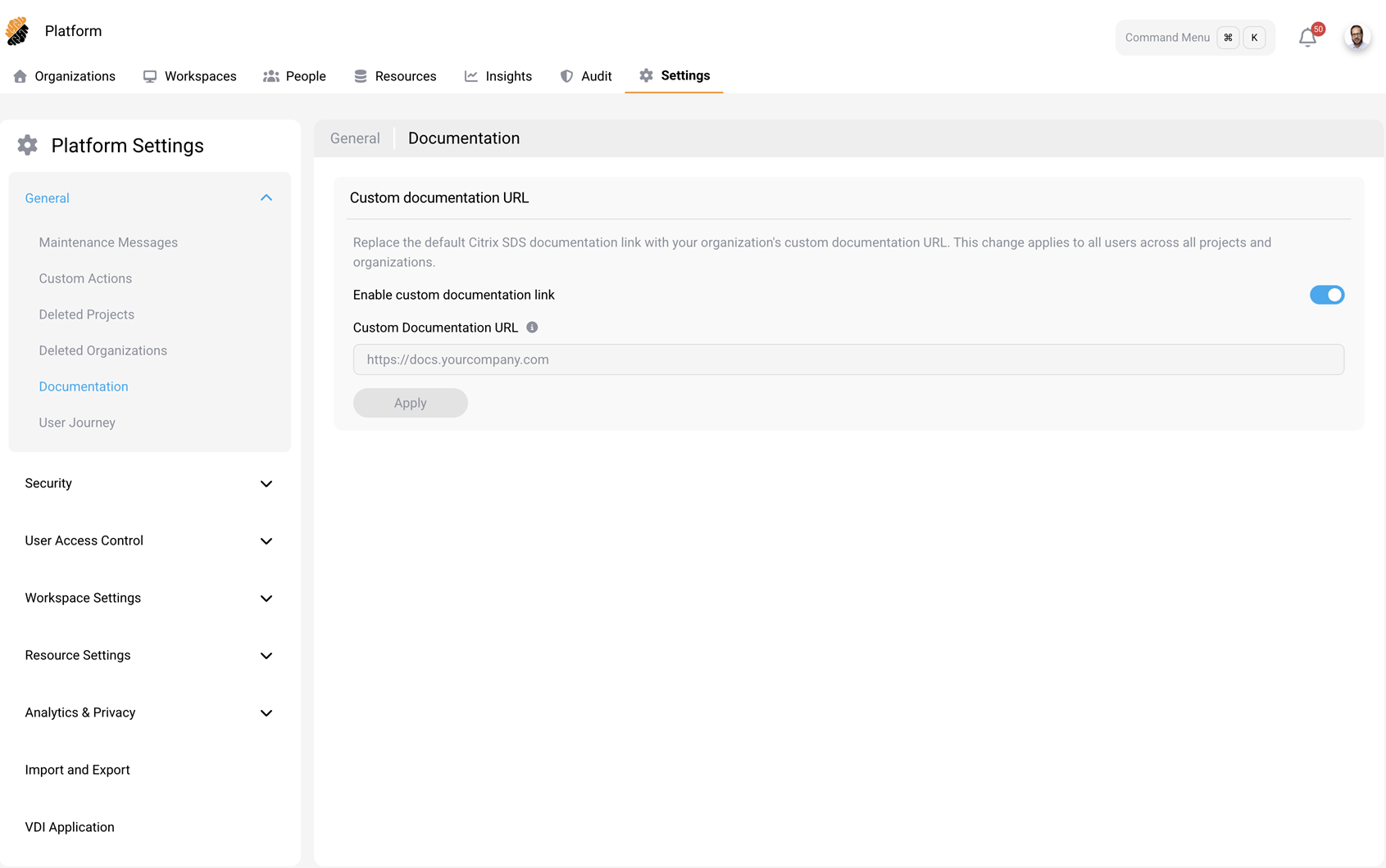 Documentation settings with the custom documentation link enabled