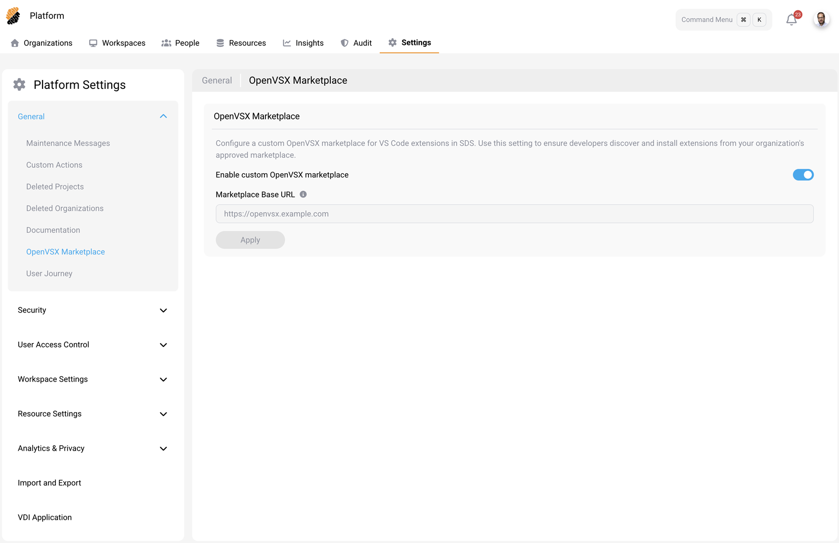 OpenVSX Marketplace settings page with the custom marketplace enabled