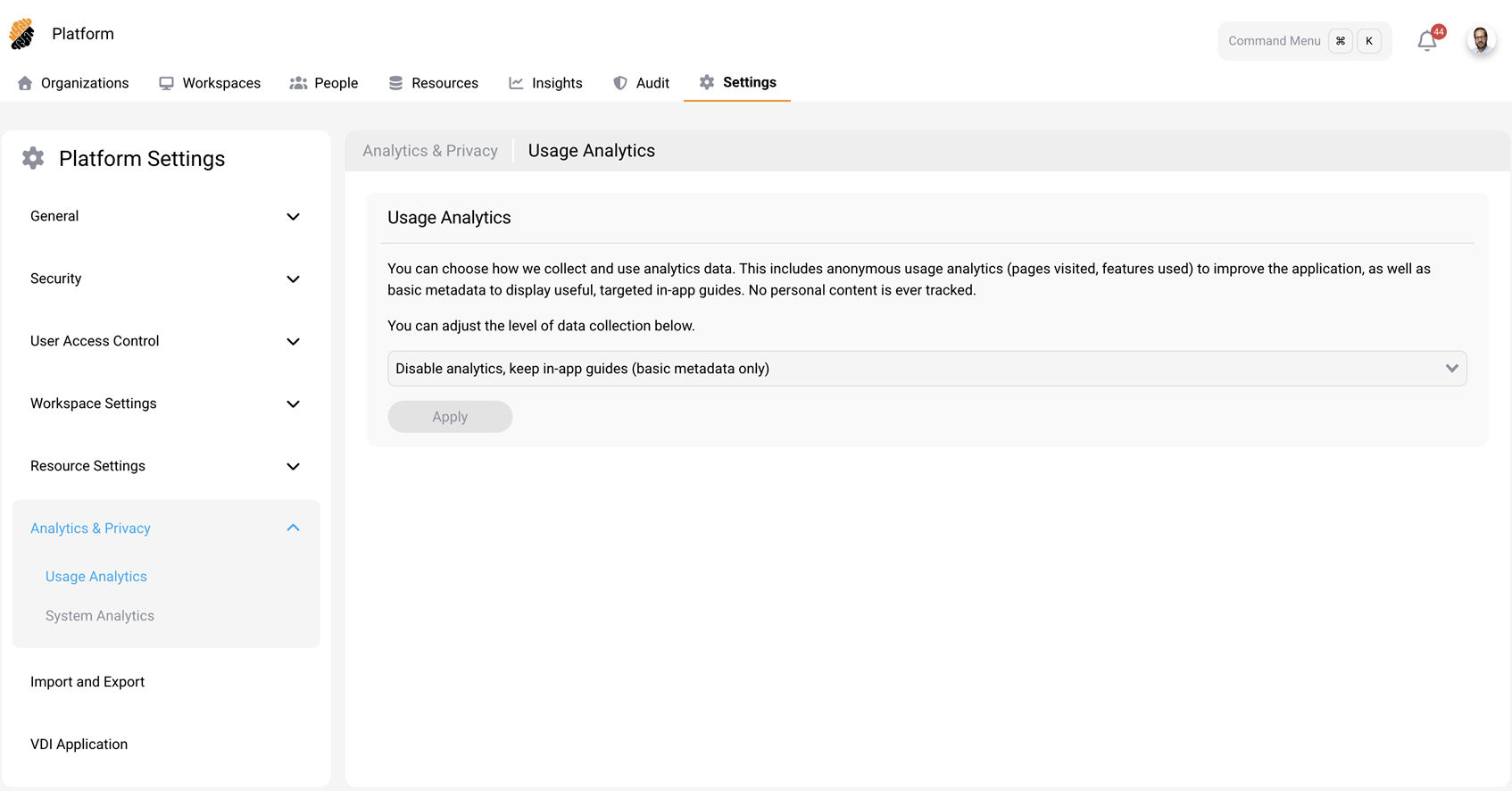 Usage Analytics page showing the data collection preferences dropdown
