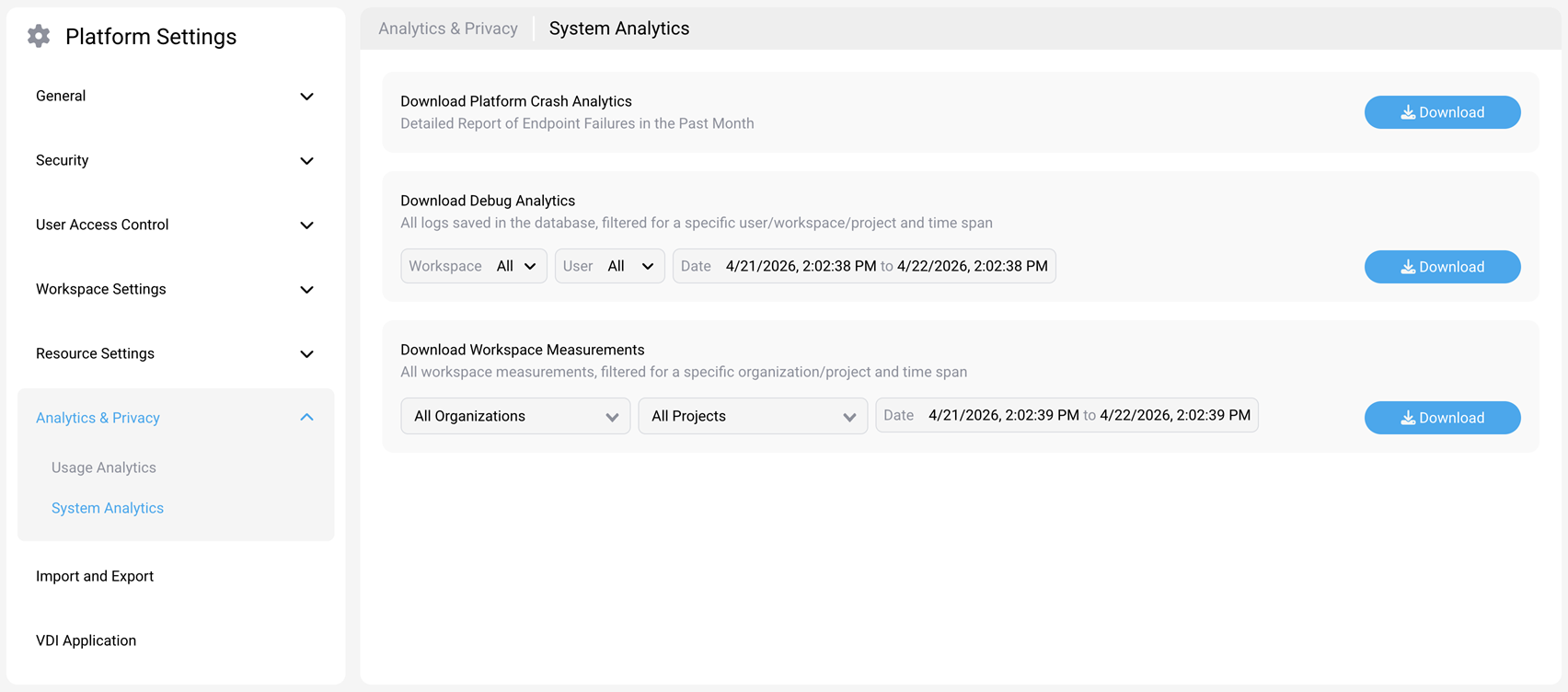 Download Workspace Measurements section showing organization, project, and date filters