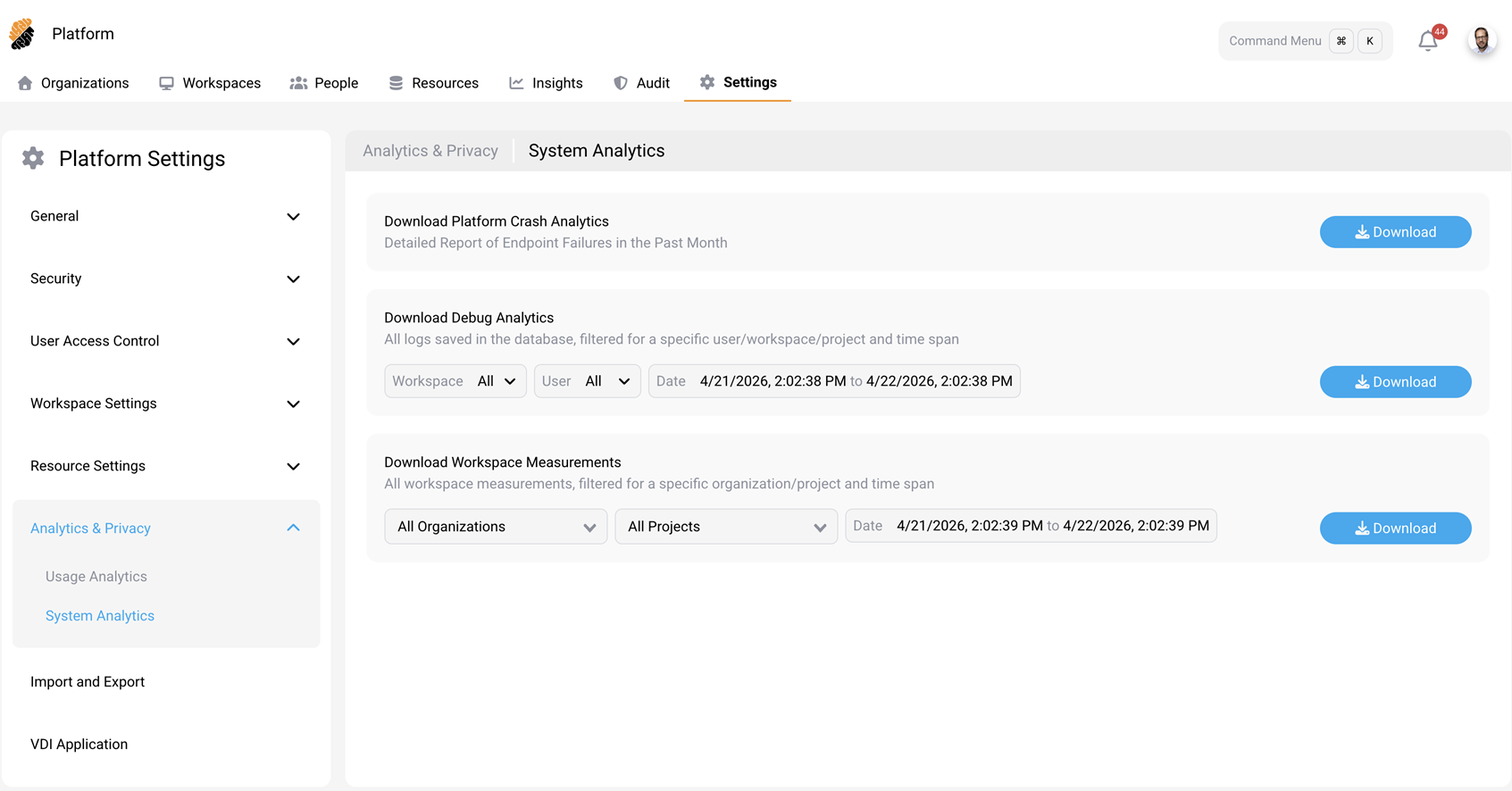 System Analytics page showing the three download sections