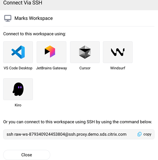 Connect Via SSH dialog showing IDE options