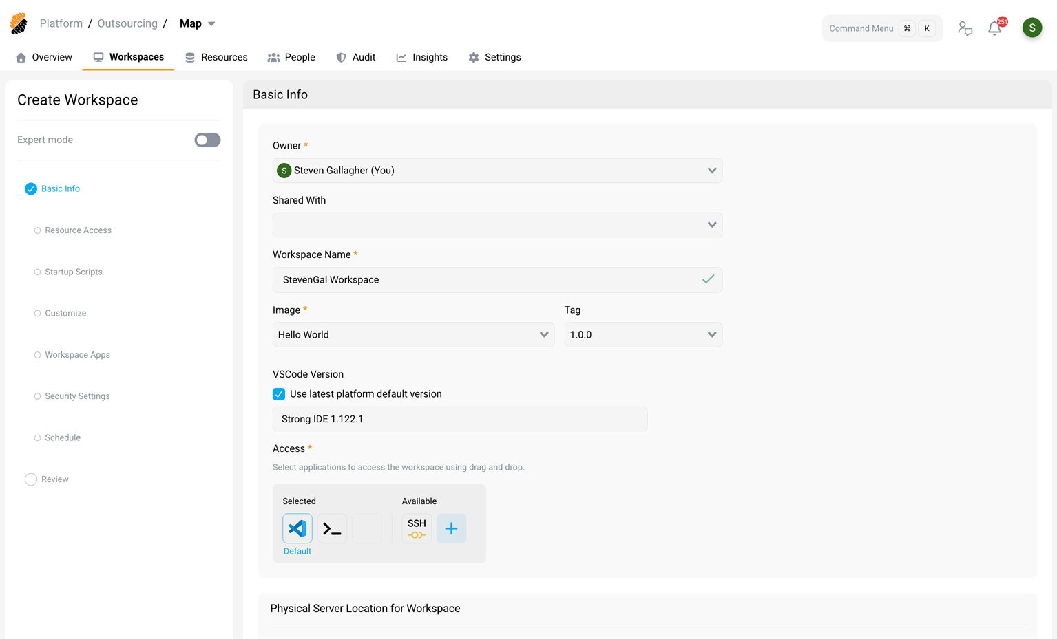 Workspace creation with Hello World image selected and secrets configured