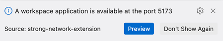 VS Code notification showing a workspace application on port 3000 with a Preview button