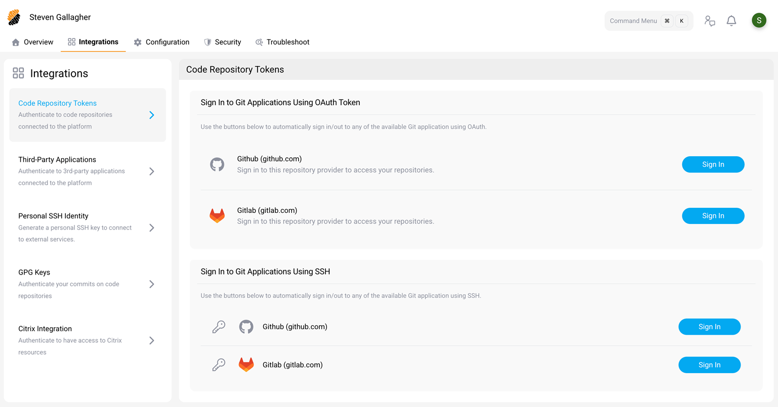 Integrations page showing Code repository tokens section with OAuth buttons