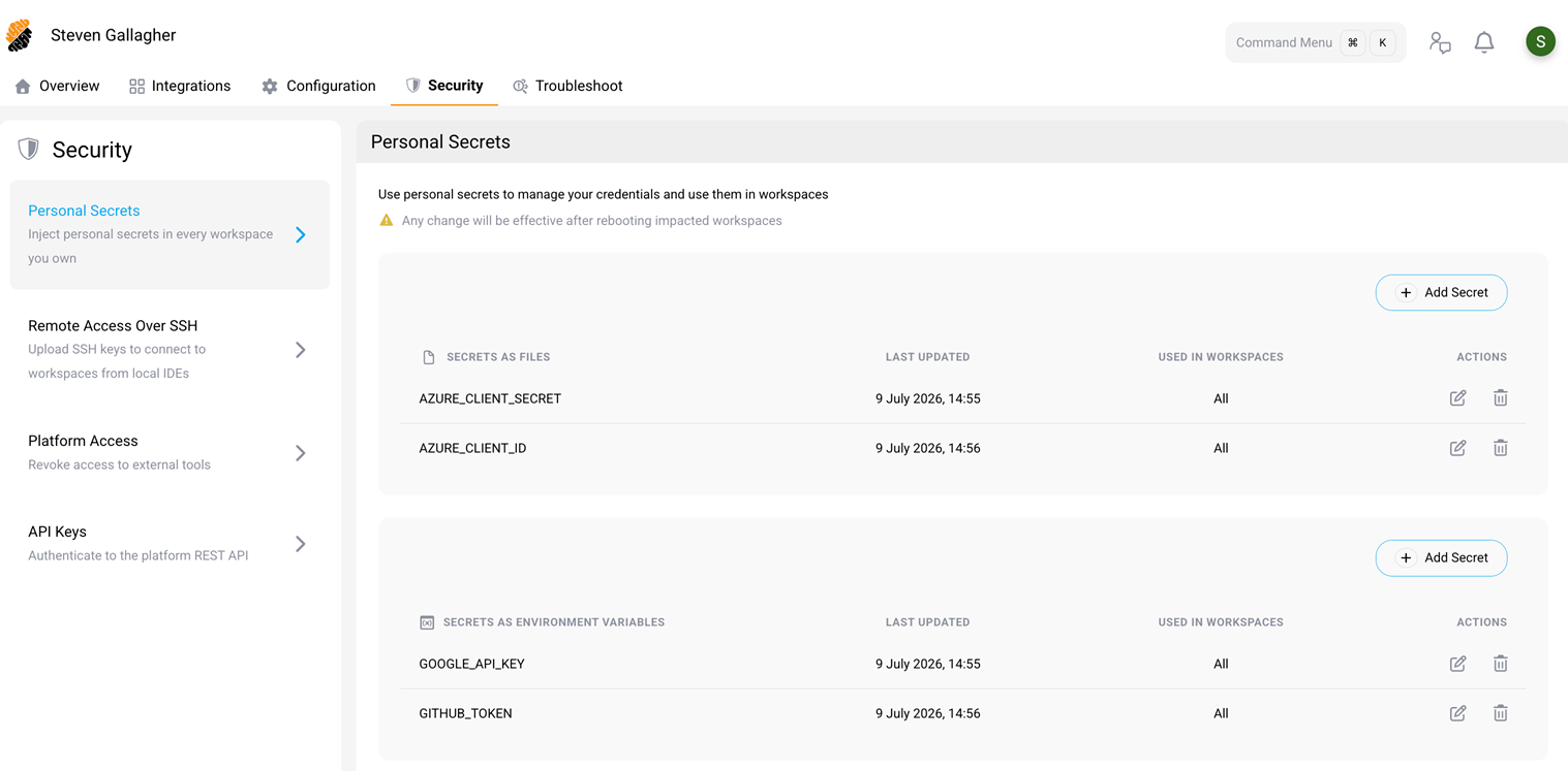Security page showing Personal secrets section