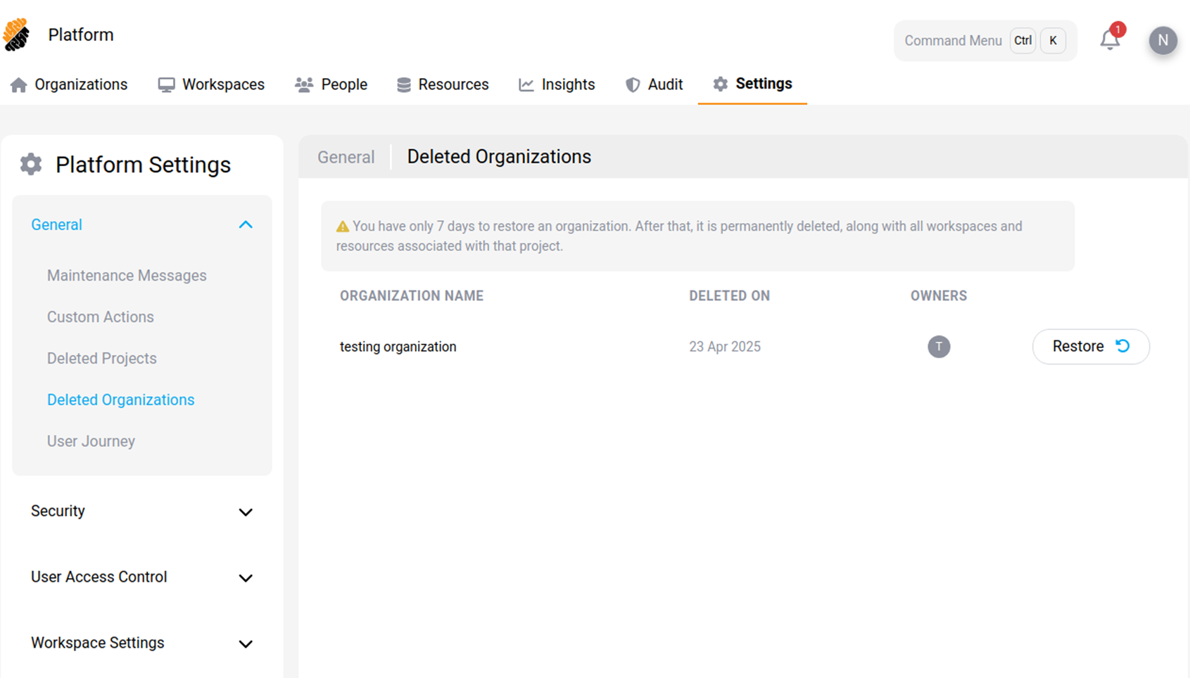 Recover a deleted organization