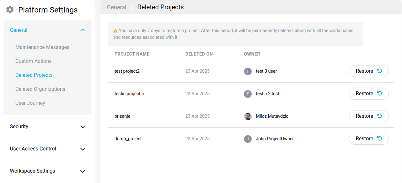 Recover a deleted project