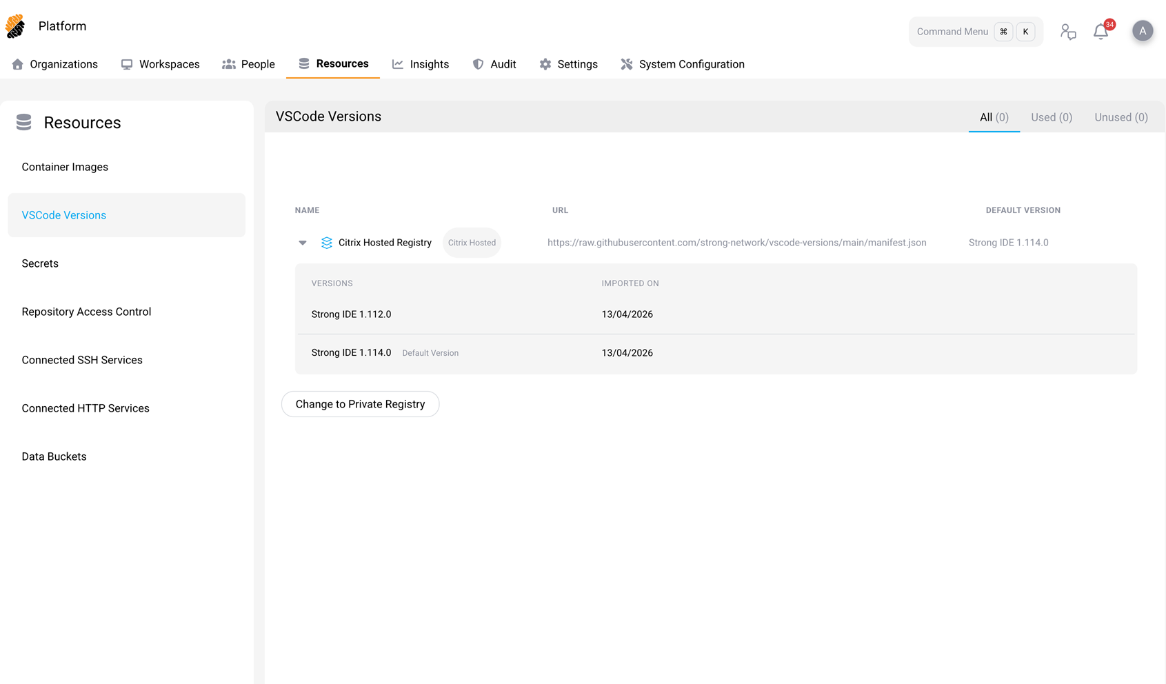Platform-level VSCode Versions page with Change to Private Registry option
