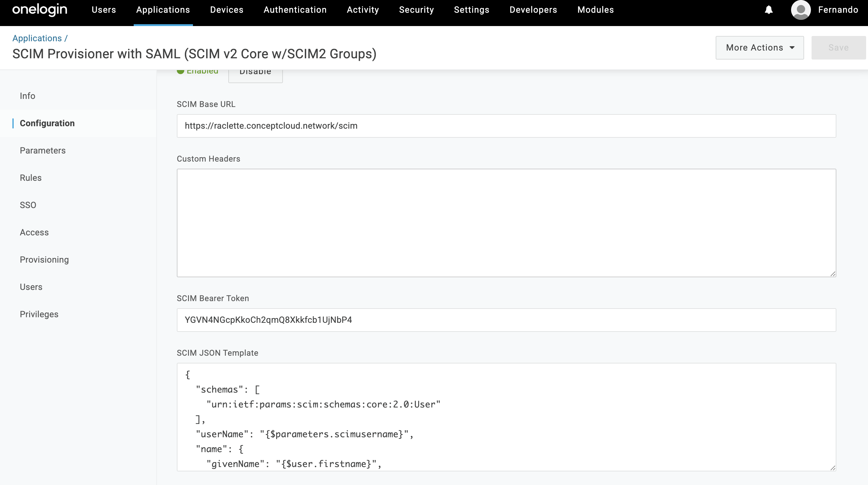 OneLogin configured details