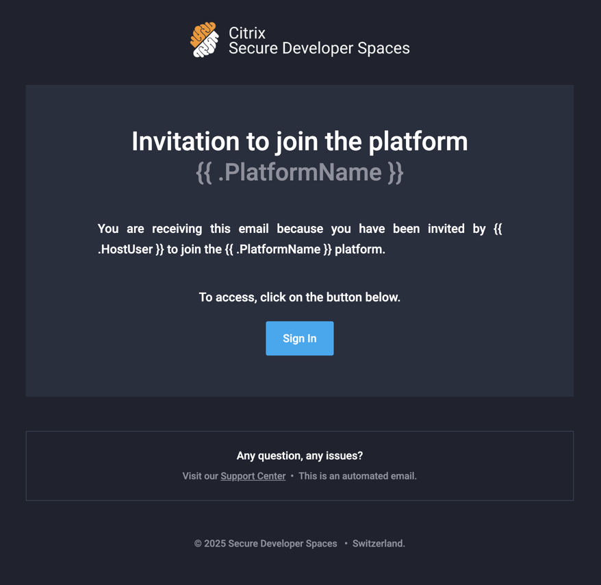Invitation to join the platform email, showing the platform name, invitation message, and Sign In button