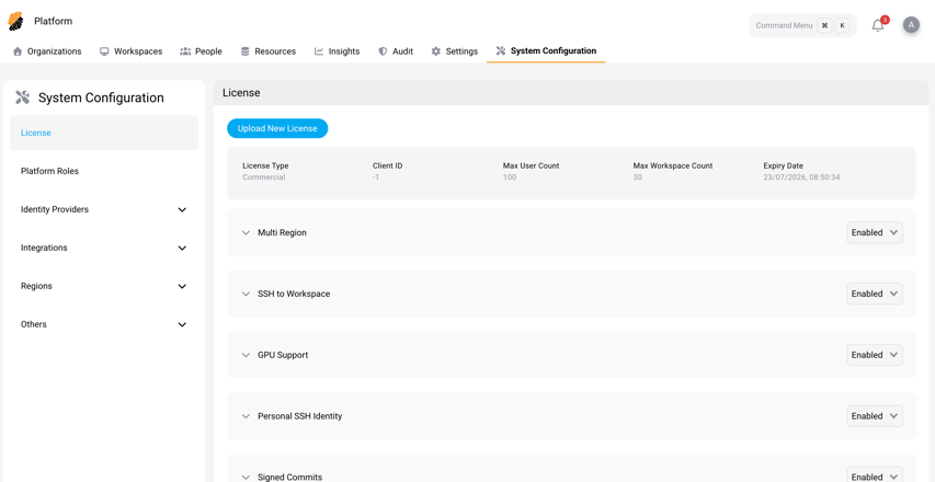 License page showing the current license summary and the feature toggles