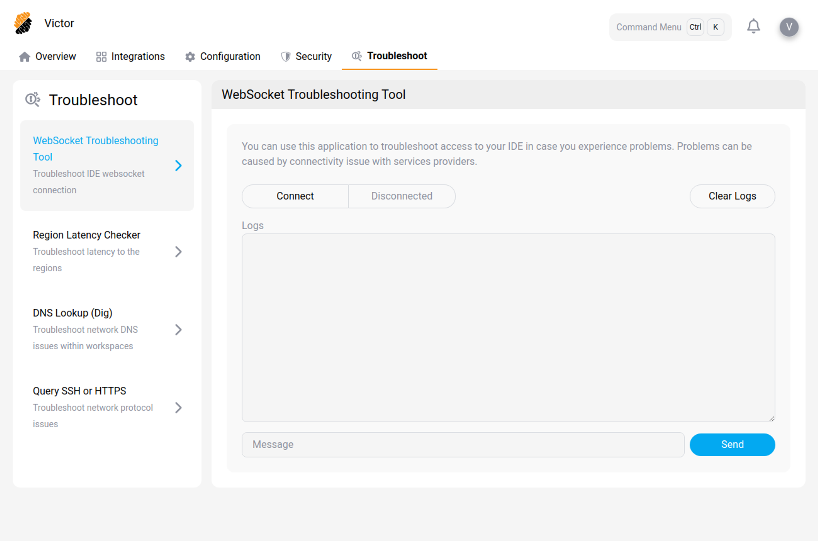 The Troubleshoot tab in the user profile, showing the four diagnostic tools