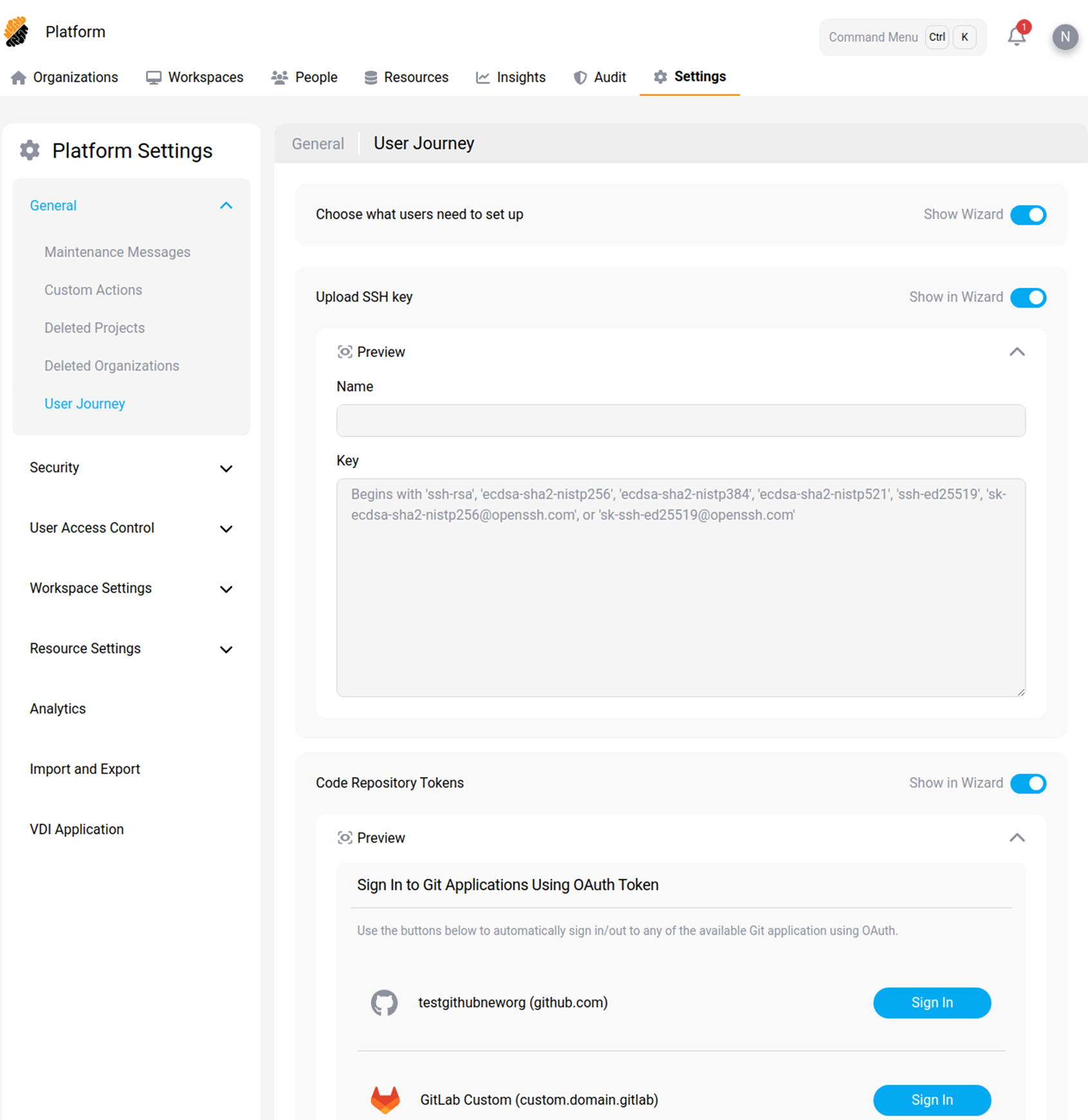 User journey settings page
