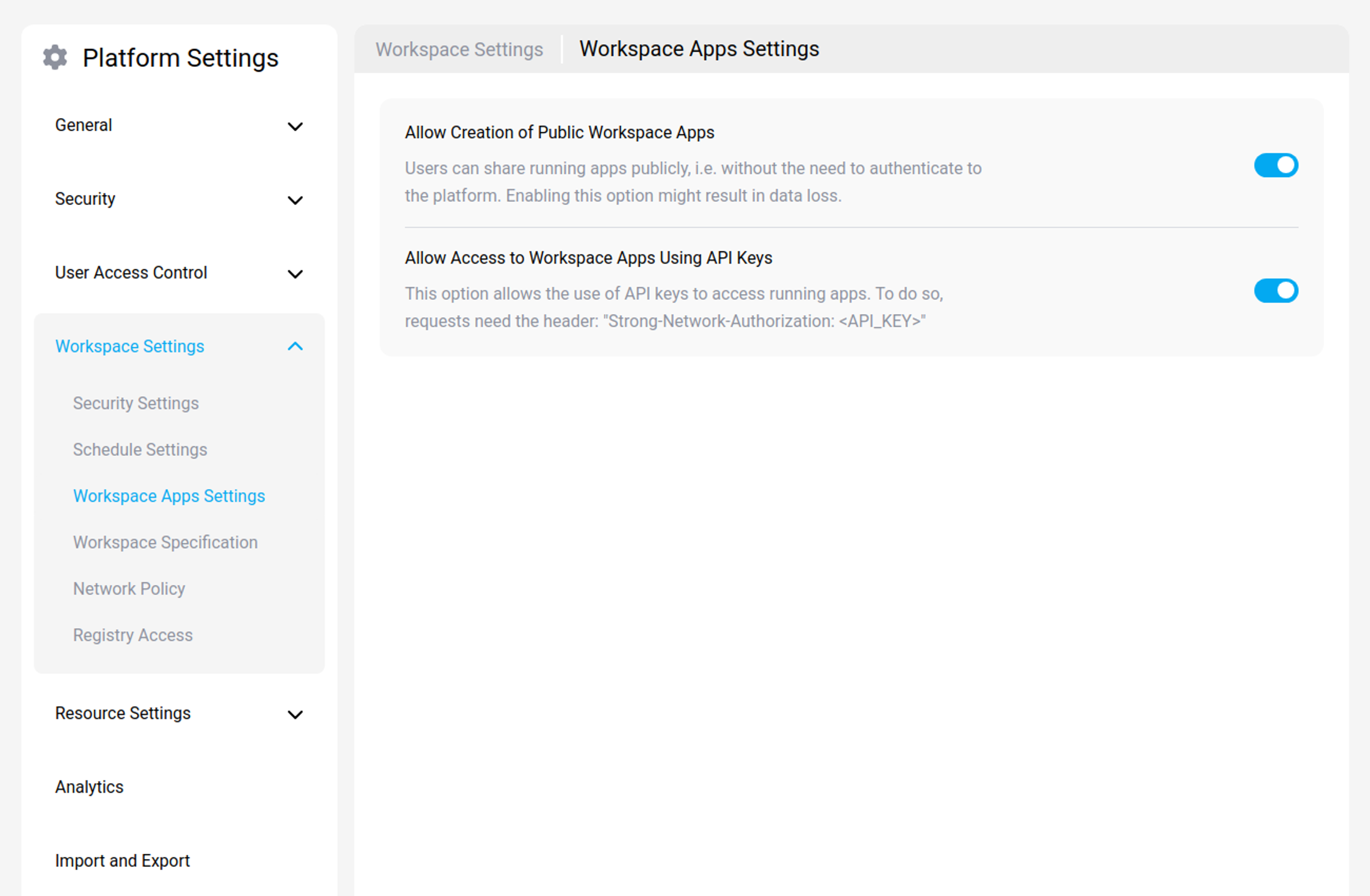 Workspace apps settings
