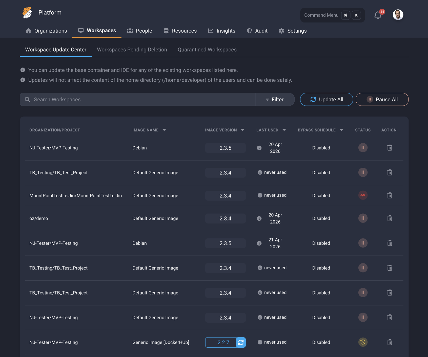 Workspace Update Center showing the Bypass Schedule column with all workspaces set to Disabled