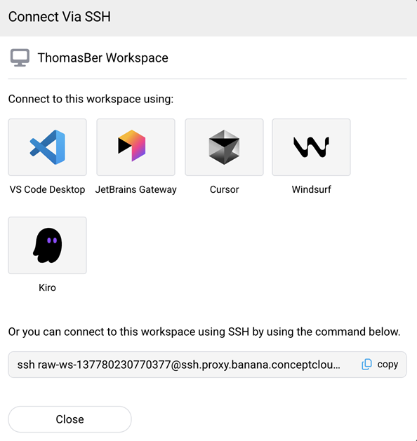 Connect Via SSH dialog showing the available IDE options: VS Code Desktop, JetBrains Gateway, Cursor, Windsurf, and Kiro