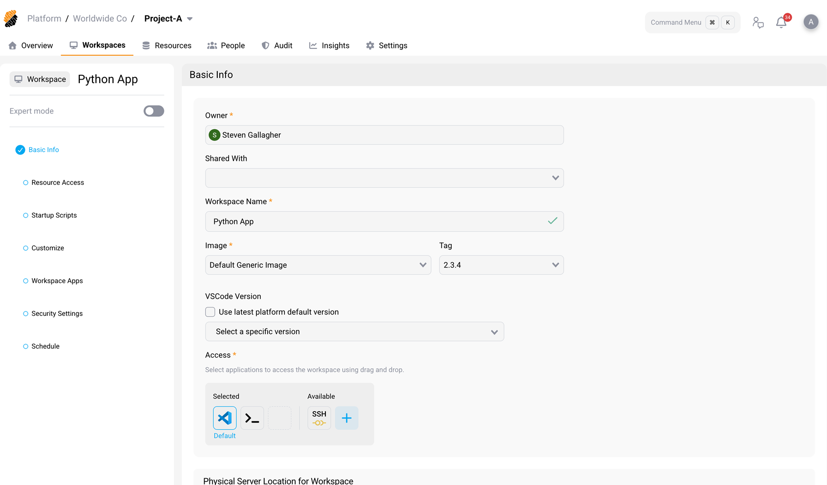 VSCode Version setting on the workspace Basic Info page