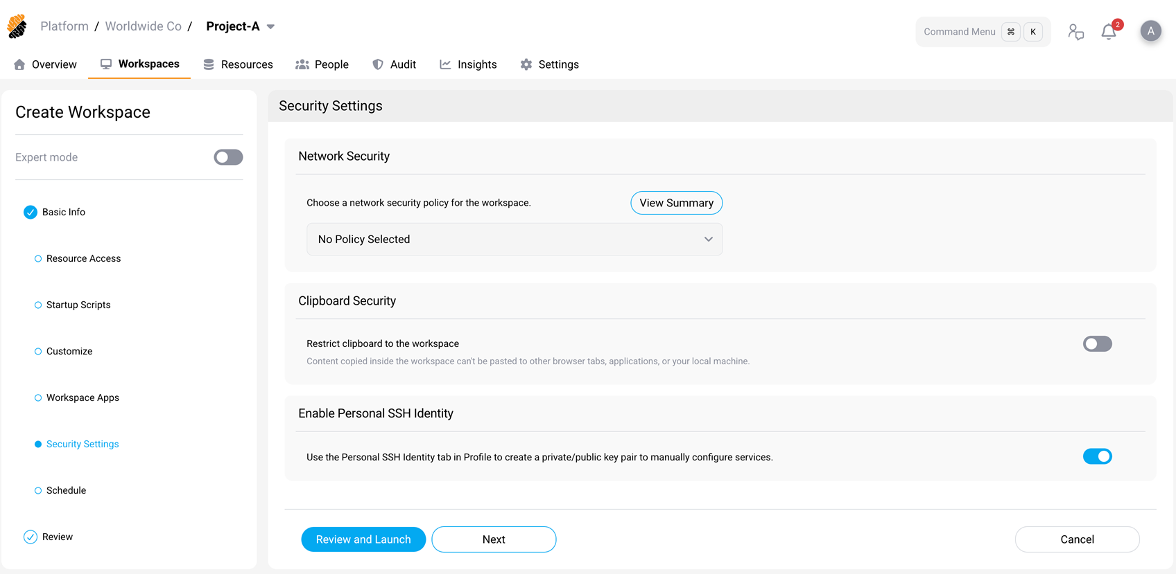 Enable Personal SSH Identity toggle enabled