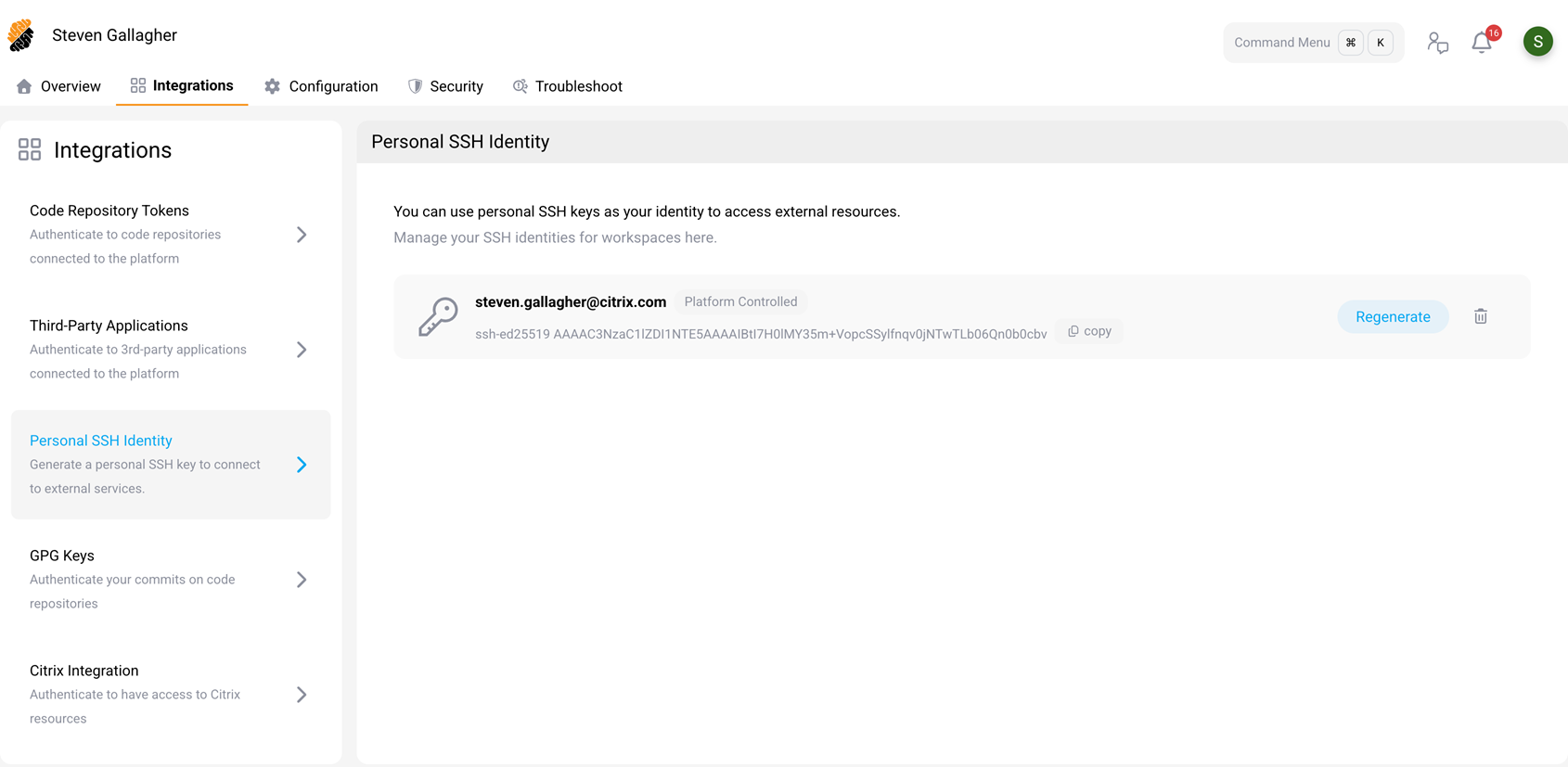 Personal SSH Identity page showing the generated key with Copy, Regenerate, and delete options