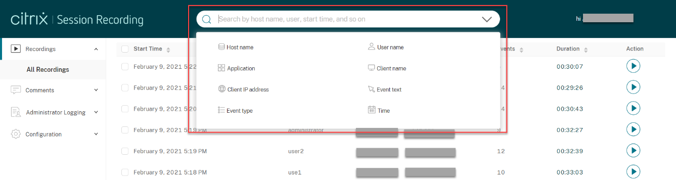 Recording search filters