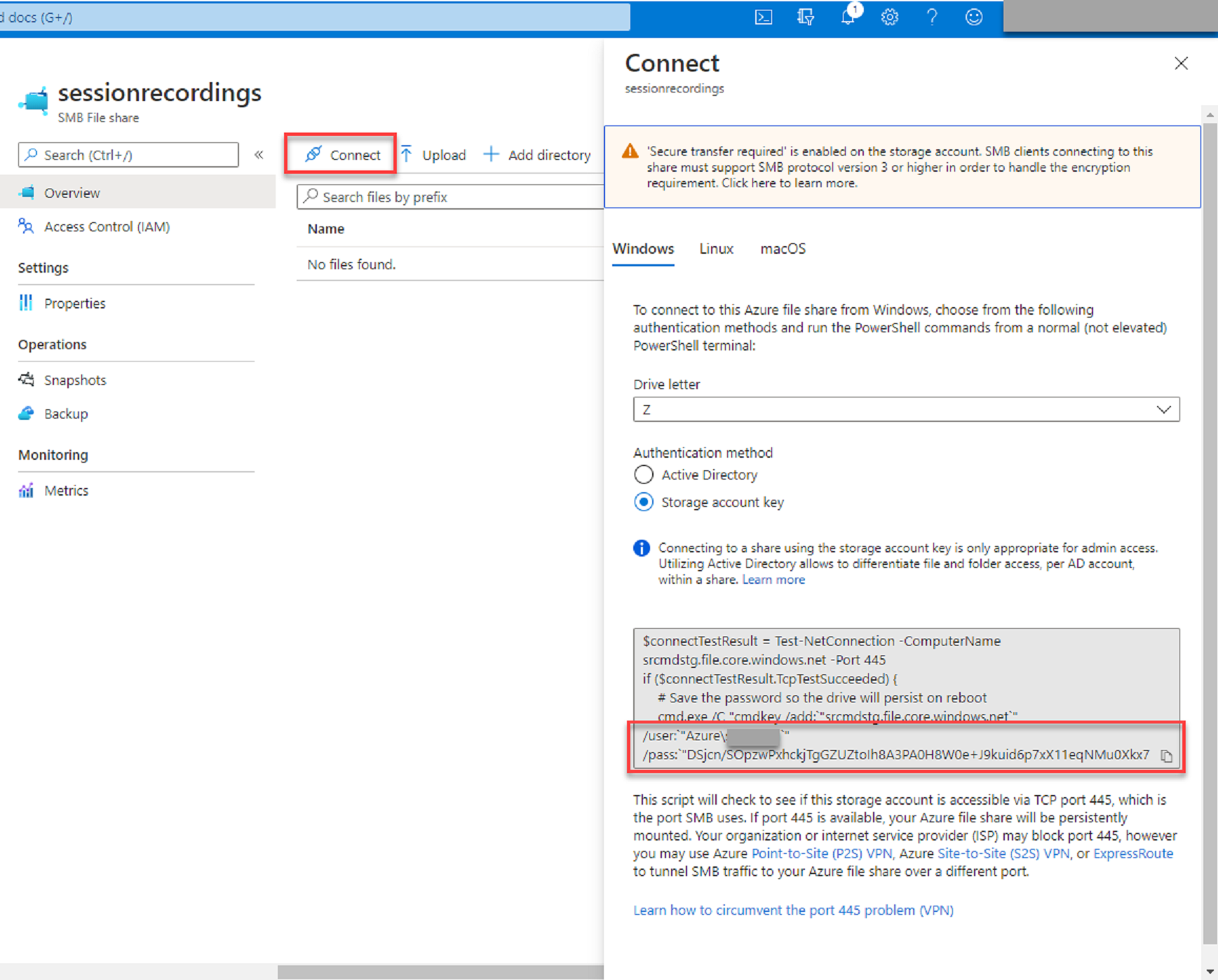 Connection string that contains your storage account key information