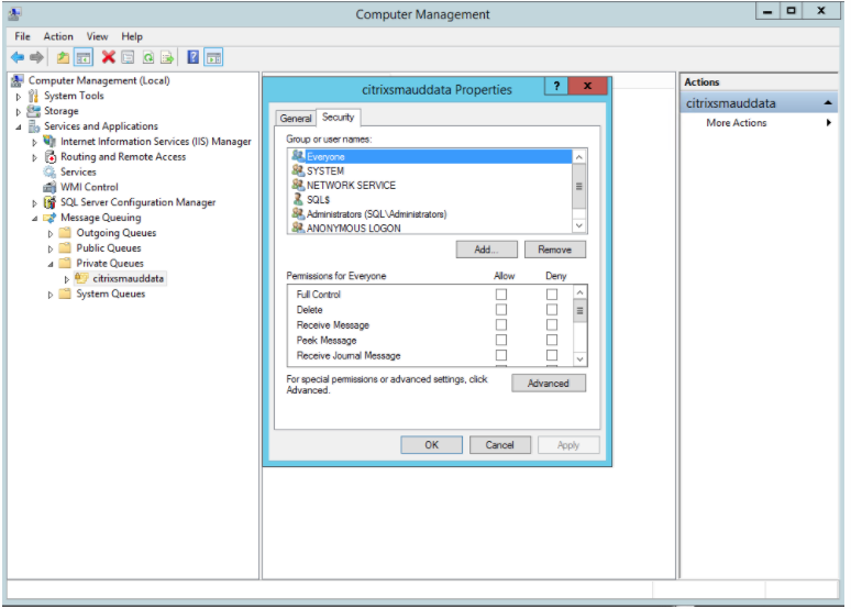 Image of security tab in computer management